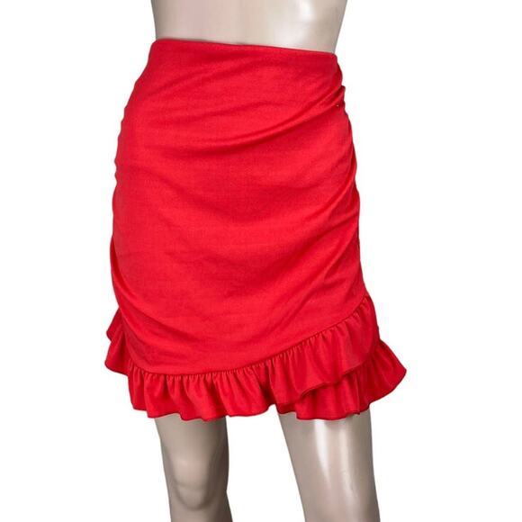 New Women's Red Ruffled Ruched Asymmetrical Hem Stretch Bodycon Mini Skirt M - Picture 2 of 5